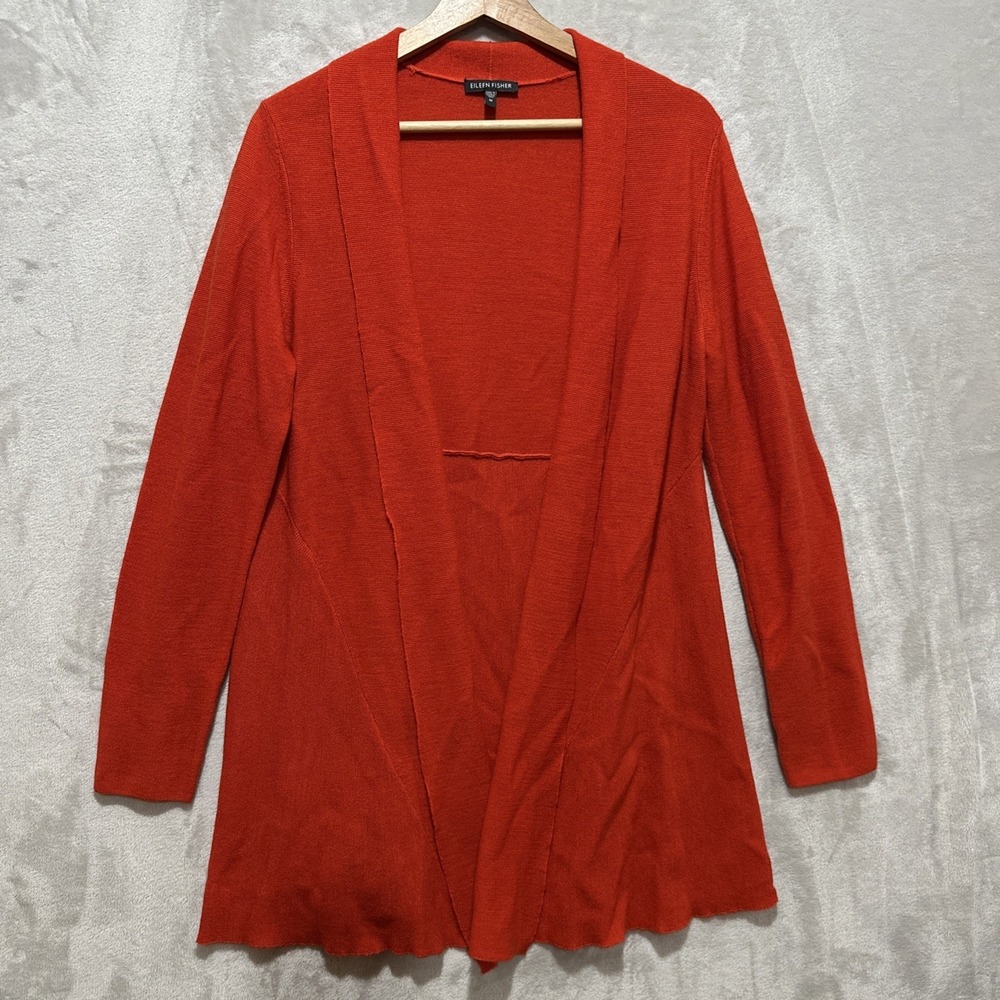 Eileen Fisher Women's Open Front Size M Red 100% Merino Wool Cardigan‎ Sweater